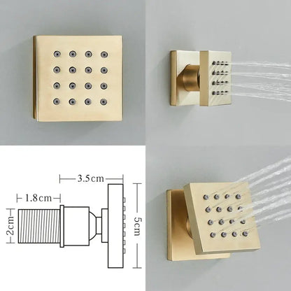 Gold-colored square showerhead with 16 nozzles and sleek design for decorbites brass body round shower spa jets bathroom