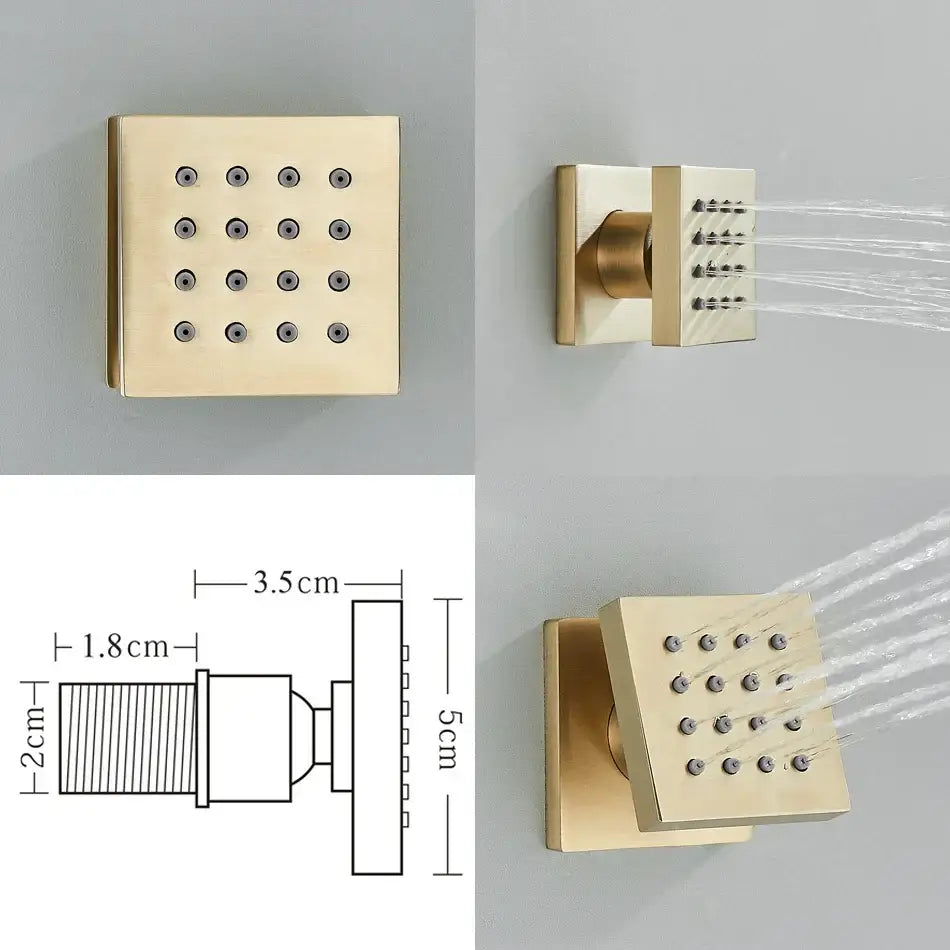 Gold-colored square showerhead with 16 nozzles and sleek design for decorbites brass body round shower spa jets bathroom