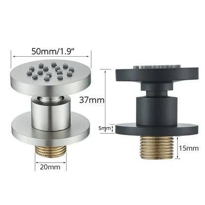 Two showerhead attachments with decorbites brass body in black chrome and brushed nickel for body round shower spa jets