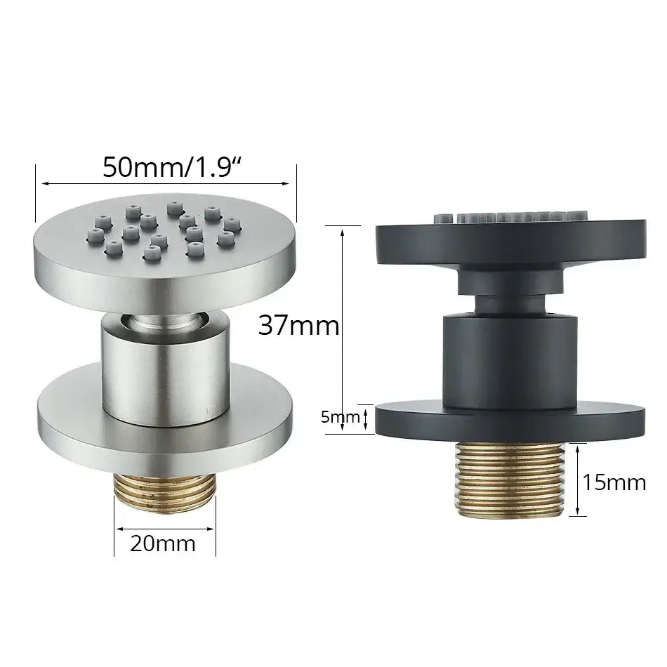 Two showerhead attachments with decorbites brass body in black chrome and brushed nickel for body round shower spa jets