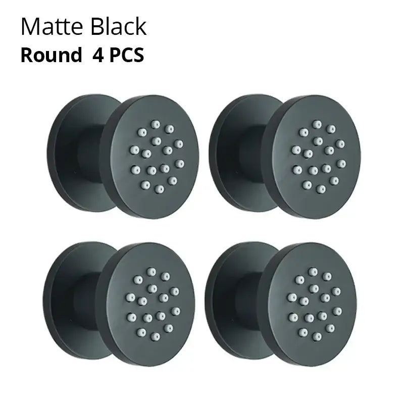 Matte black brass body round showerhead set of four featuring decorbites brass body for bathroom spa jets decor