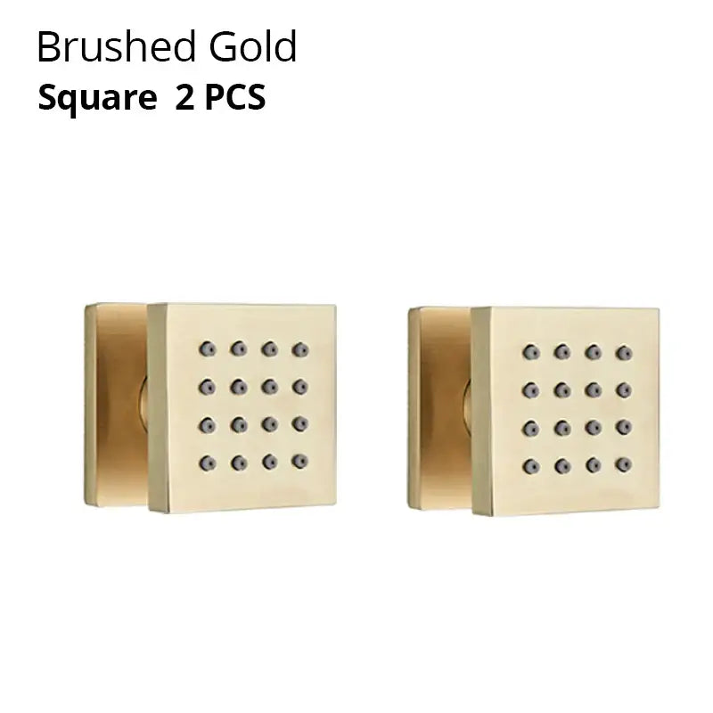 Brushed gold square door knobs with grid of circular indentations featuring decorbites brass body design