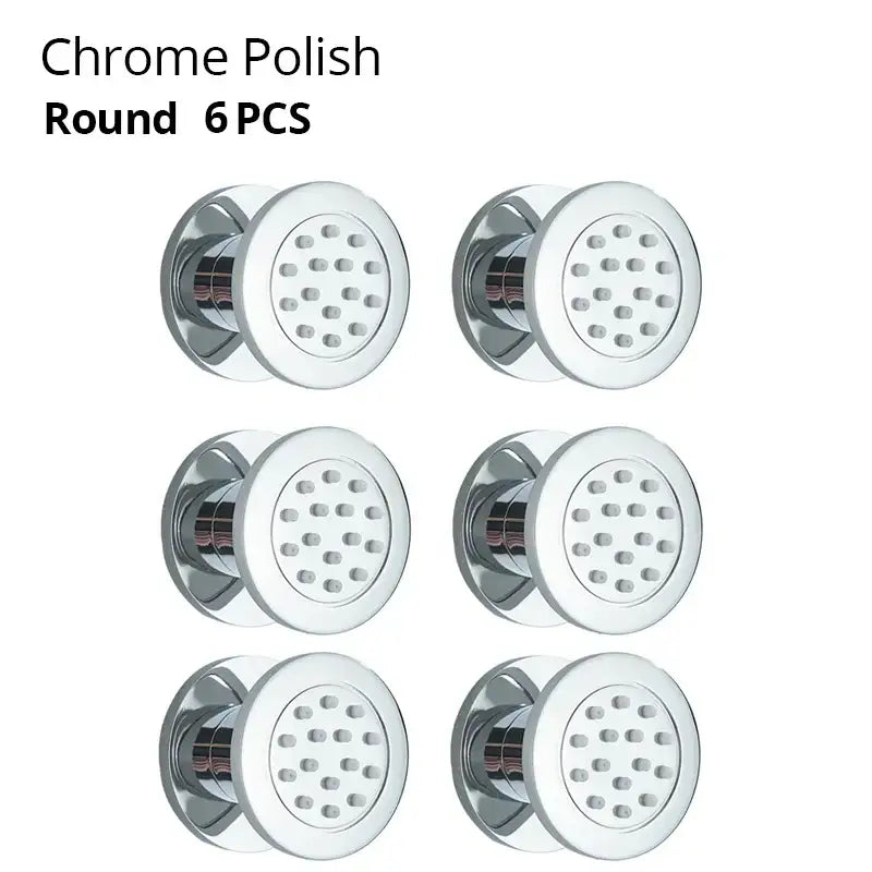 Chrome-polished round showerhead set of 6 with decorbites brass body for spa jets in black chrome and brushed nickel finish