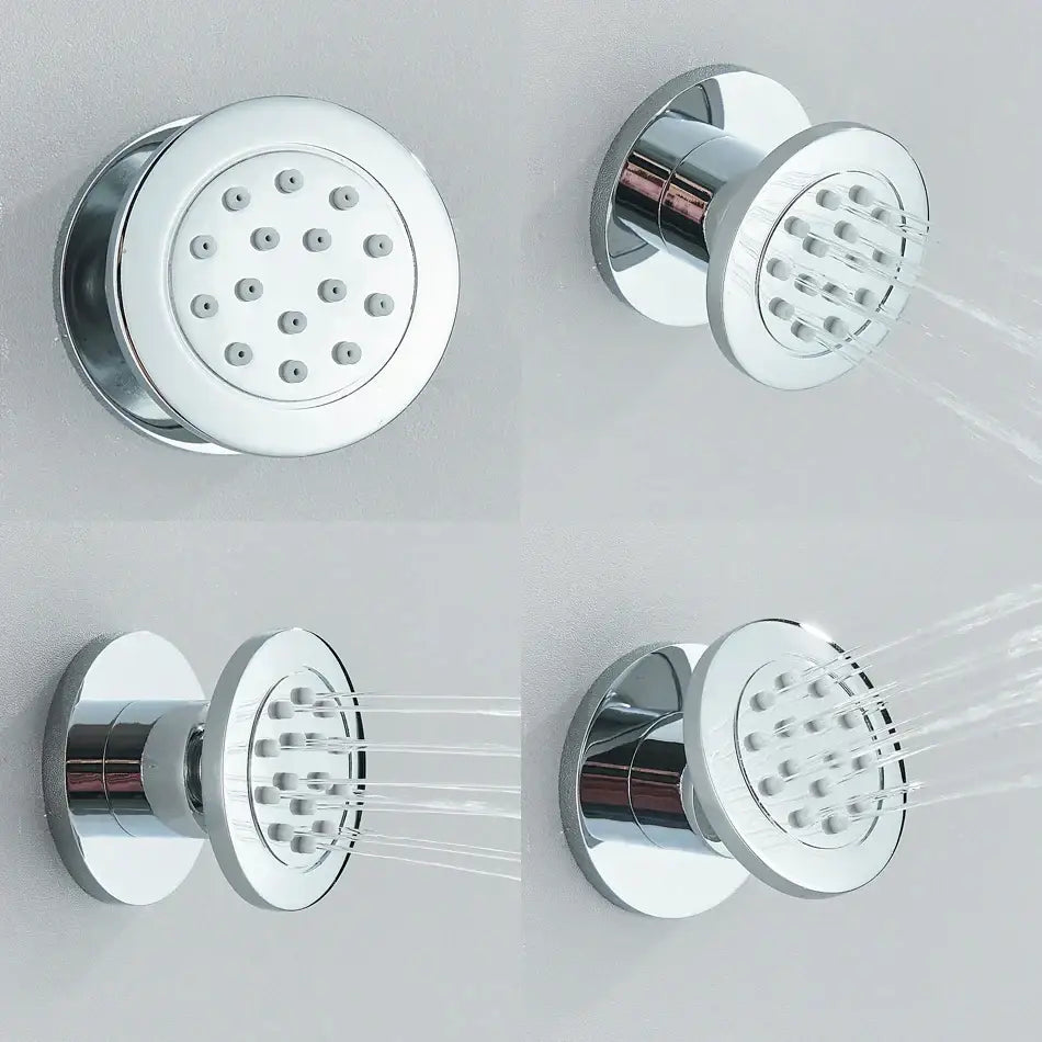 Chrome-finished wall-mounted showerheads with circular heads and multiple spray nozzles featuring a decorbites brass body round design