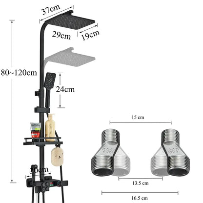 Black and chrome digital display thermostatic shower set with black matte 37cm rainhead handheld spray and integrated shelf