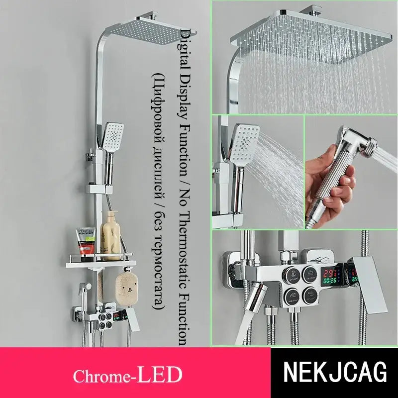 Chrome-finished black and chrome digital display thermostatic shower set with square rainhead and handheld sprayer decorbites digital display