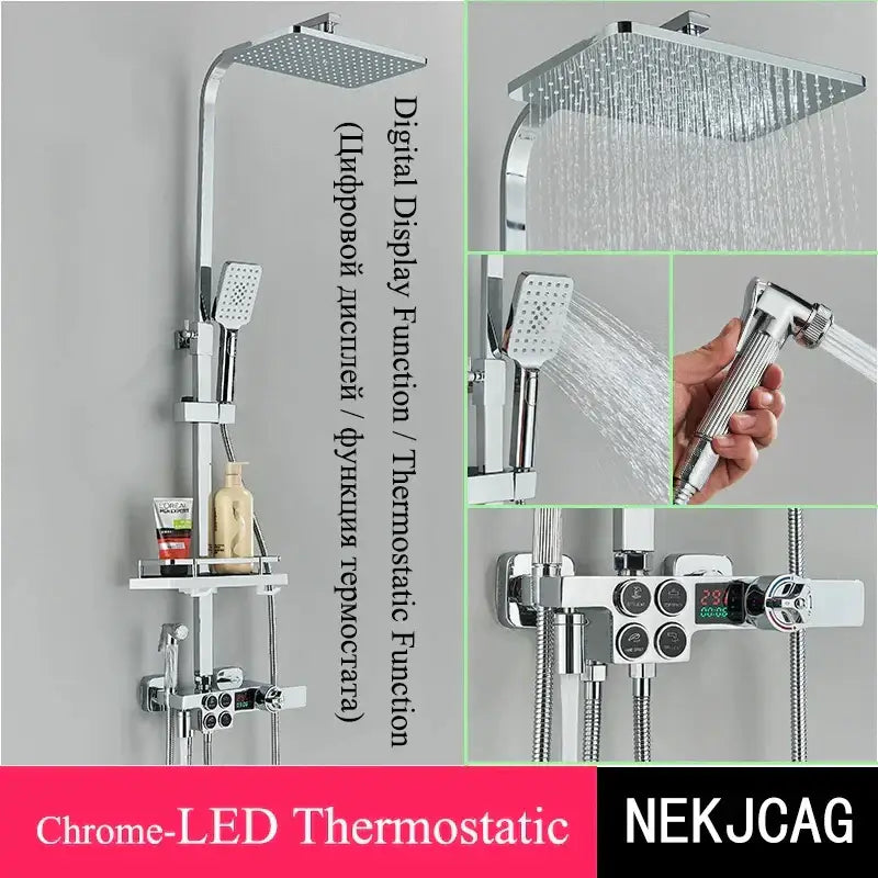 Chrome finished black and chrome digital display thermostatic shower set with square rainhead handheld sprayer and led control panel