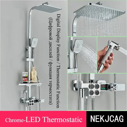 Chrome finished black and chrome digital display thermostatic shower set with square rainhead handheld sprayer and led control panel