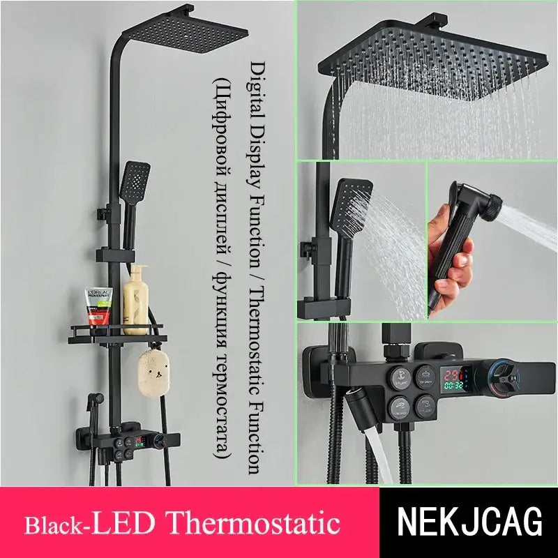 Black and chrome digital display thermostatic shower set with multiple spray heads for modern bathroom decorbites shower set