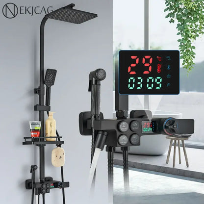 Black and chrome digital display thermostatic shower set by nekjag with square rainhead handheld sprayer and multiple knobs