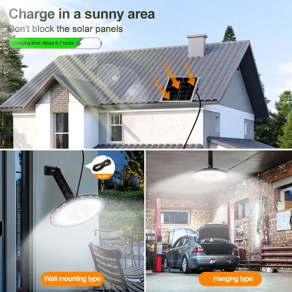 Black circular 180led solar shed light with bright white illumination and adjustable mounting for wall or hanging use