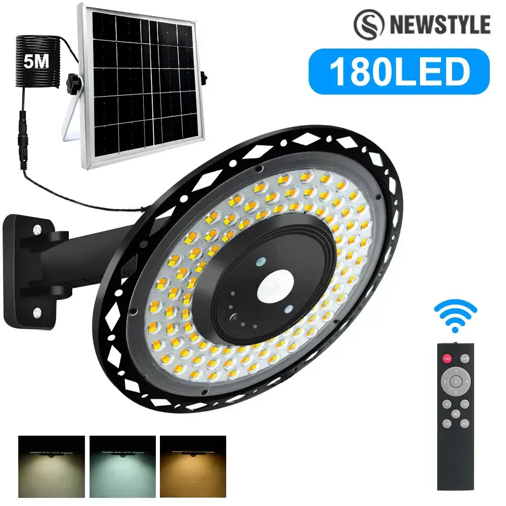 Black circular 180led solar shed light with remote control designed for garage and outdoor use with durable material
