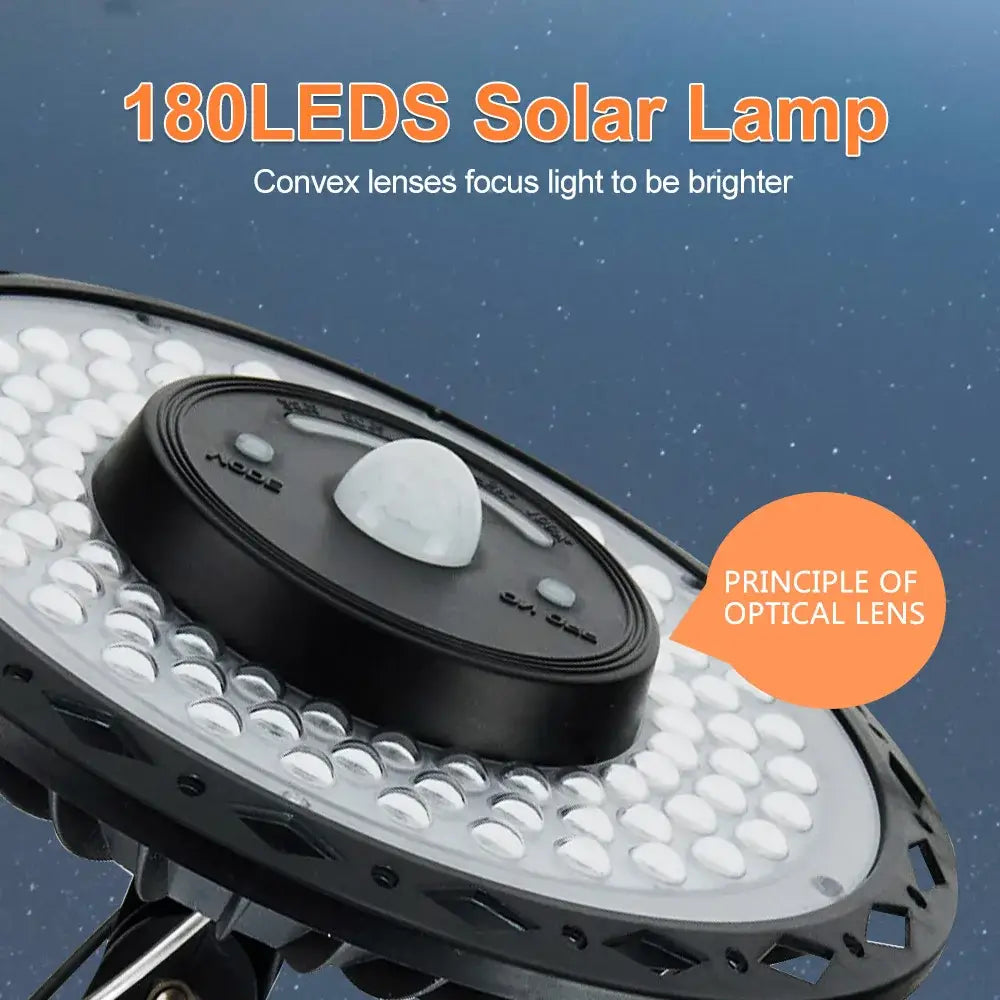 Black circular 180led solar shed light with convex lenses and remote for bright focused garage or shed illumination