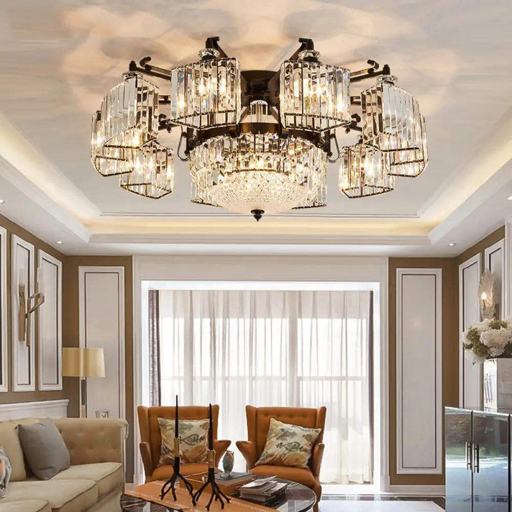 DecorBites™ DecorBites™ Black Clear Crystal Radial Chandelier Semi Flush Mount Light for Traditional Living Room