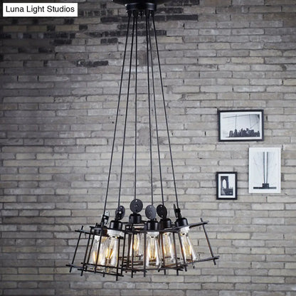 Black Cluster Pendant Light with Caged Shade - Retro Metallic Farmhouse Ceiling Fixture (6 Lights)