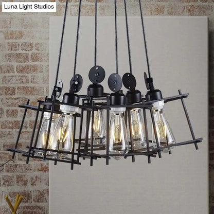 Black Cluster Pendant Light with Caged Shade - Retro Metallic Farmhouse Ceiling Fixture (6 Lights)