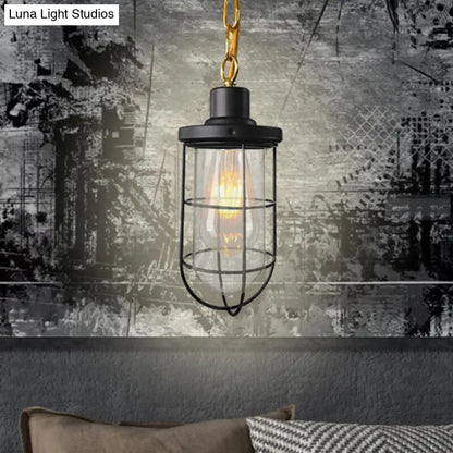 Black Coastal Caged Pendant Lamp Single-Bulb Clear Glass Light Fixture for Bedroom