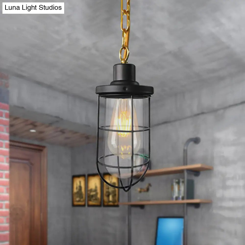 Black Coastal Caged Pendant Lamp Single-Bulb Clear Glass Light Fixture for Bedroom