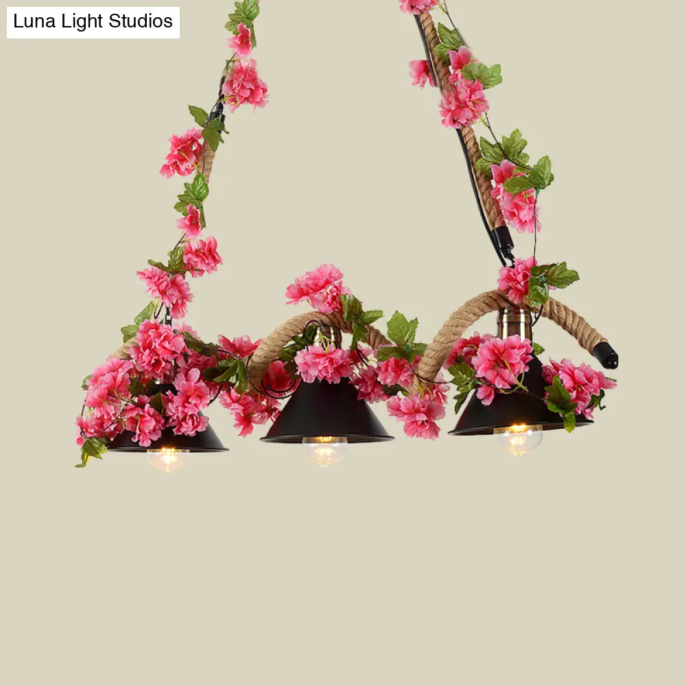 DecorBites™ Black Conical Metal Pendant Light with Twisted Rope and Fake Flower - 3-Light Ceiling Fixture for Restaurants and Warehouses