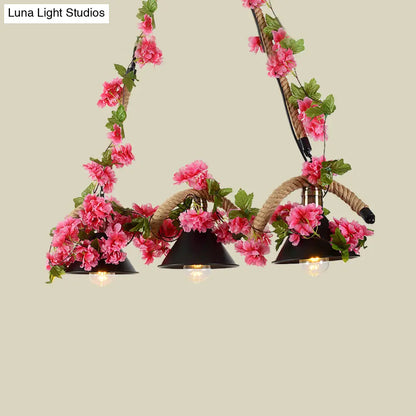 DecorBites™ Black Conical Metal Pendant Light with Twisted Rope and Fake Flower - 3-Light Ceiling Fixture for Restaurants and Warehouses