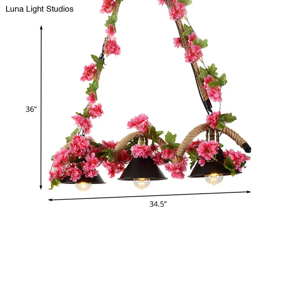 DecorBites™ Black Conical Metal Pendant Light with Twisted Rope and Fake Flower - 3-Light Ceiling Fixture for Restaurants and Warehouses