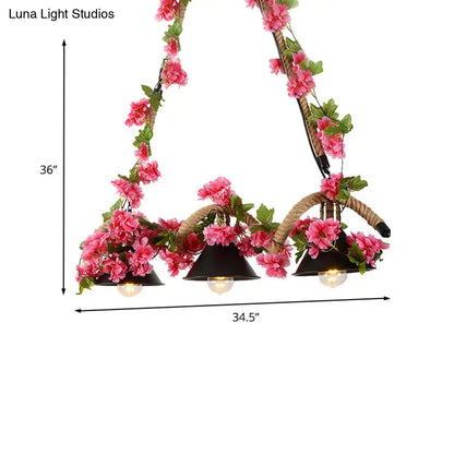 DecorBites™ Black Conical Metal Pendant Light with Twisted Rope and Fake Flower - 3-Light Ceiling Fixture for Restaurants and Warehouses