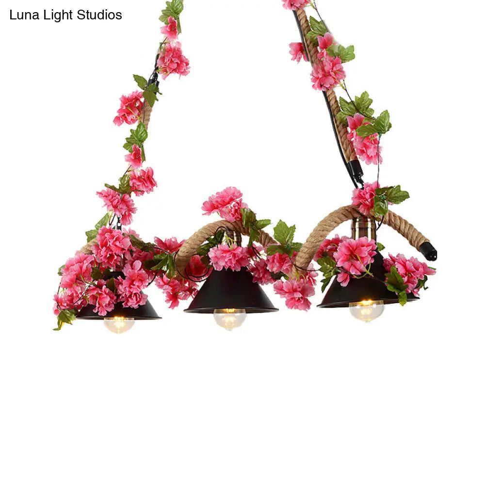 DecorBites™ Black Conical Metal Pendant Light with Twisted Rope and Fake Flower - 3-Light Ceiling Fixture for Restaurants and Warehouses