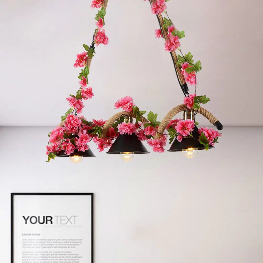 DecorBites™ Black Conical Metal Pendant Light with Twisted Rope and Fake Flower - 3-Light Ceiling Fixture for Restaurants and Warehouses