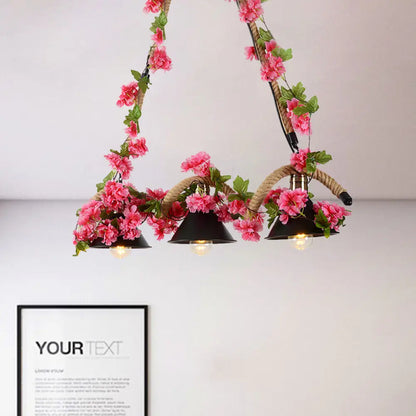 DecorBites™ Black Conical Metal Pendant Light with Twisted Rope and Fake Flower - 3-Light Ceiling Fixture for Restaurants and Warehouses