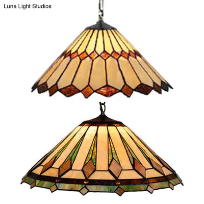 Black Conical Tiffany Hanging Pendant Light - 16"/22" W - Stained Glass Ceiling Fixture for Living Room