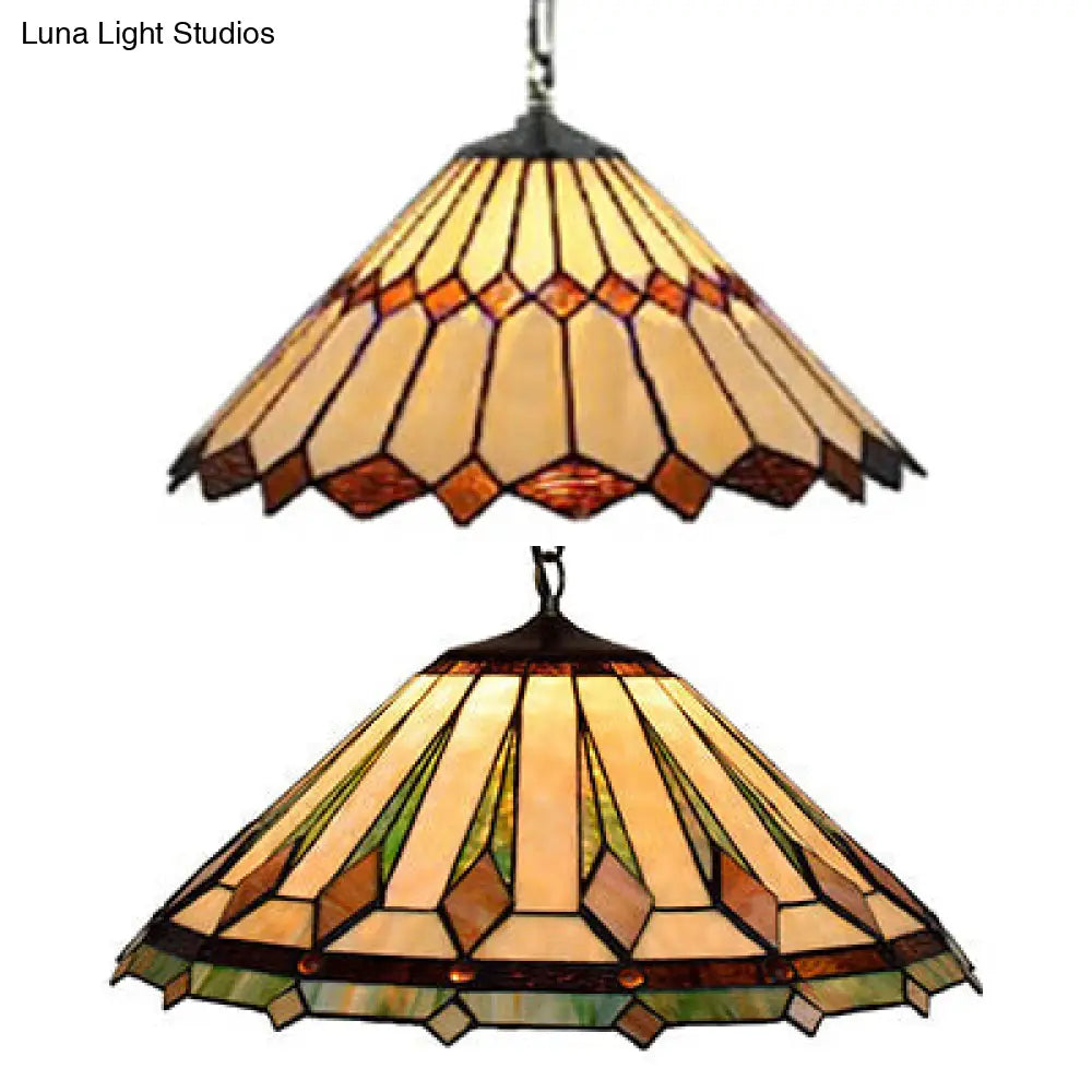 Black Conical Tiffany Hanging Pendant Light - 16"/22" W - Stained Glass Ceiling Fixture for Living Room