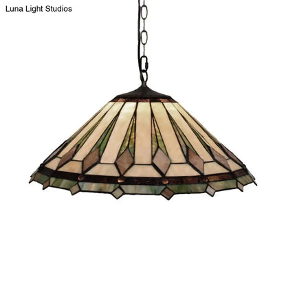 Black Conical Tiffany Hanging Pendant Light - 16"/22" W - Stained Glass Ceiling Fixture for Living Room