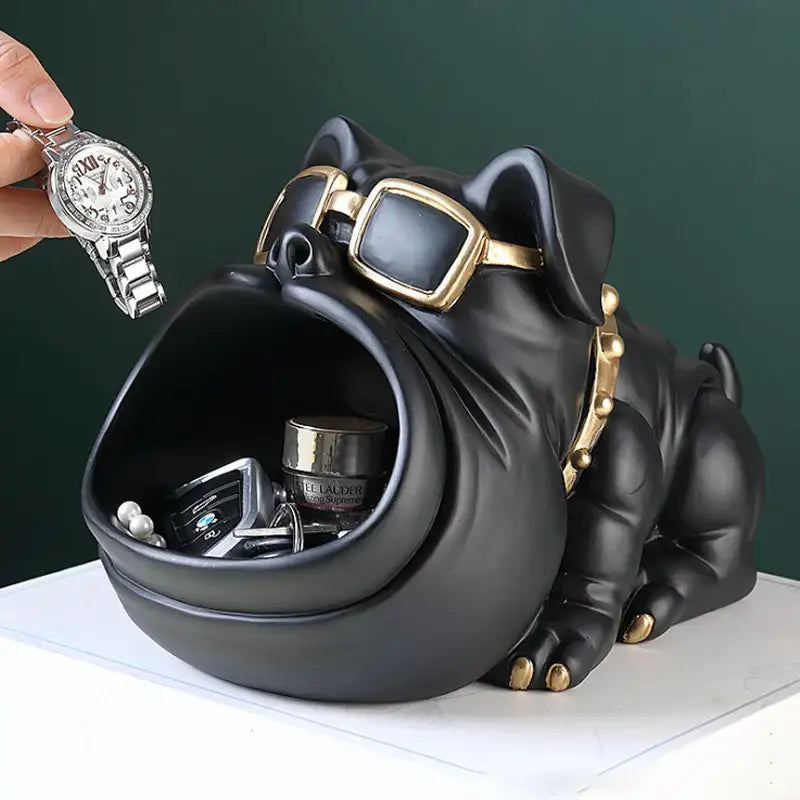 Black bulldog cool dog sculpture table with gold-tone sunglasses and collar glossy finish decorbites cool dog coin bank
