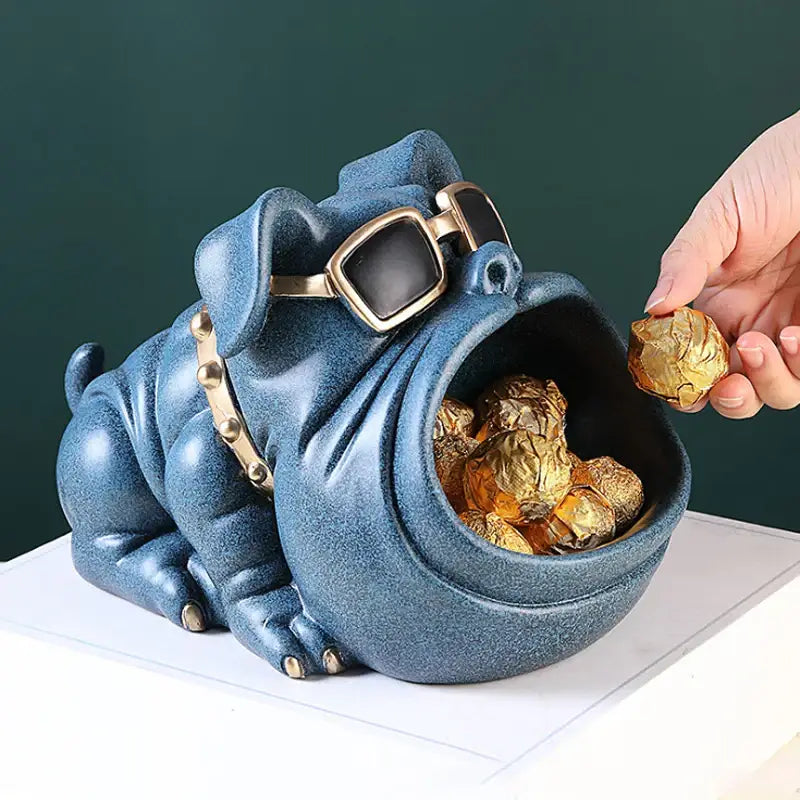 Black cool dog sculpture candy holder in blue ceramic with gold sunglasses and studded collar for decorbites cool dog decor