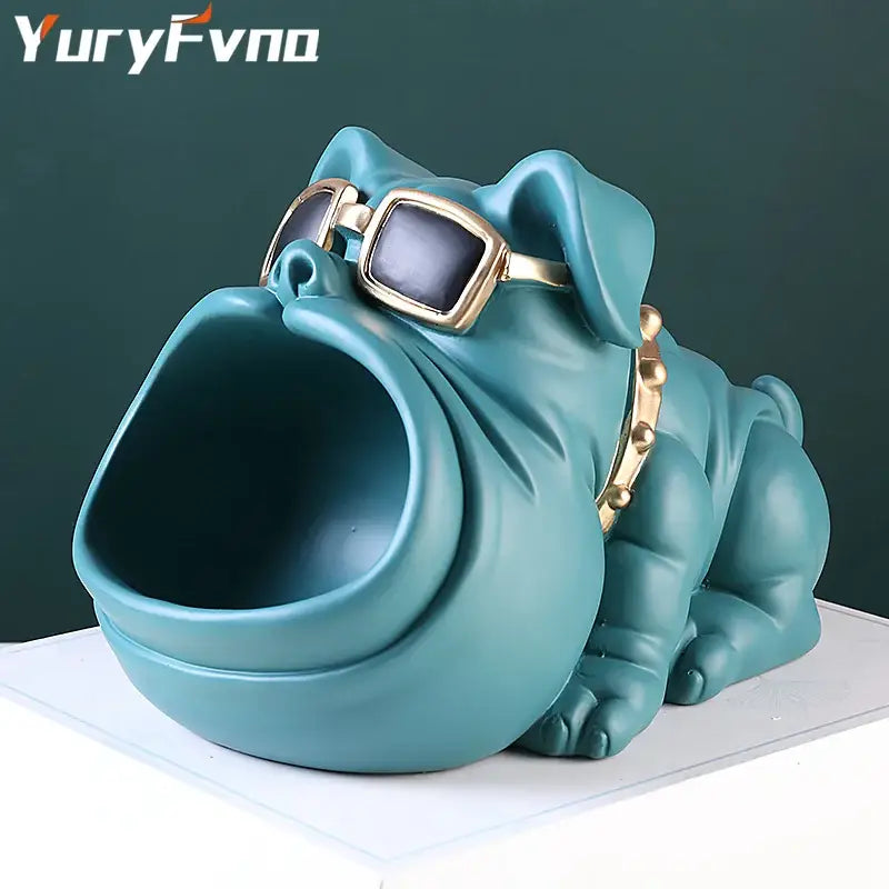 Teal ceramic cool dog sculpture wearing gold sunglasses and studded collar candy holder and coin bank decorbites cool dog