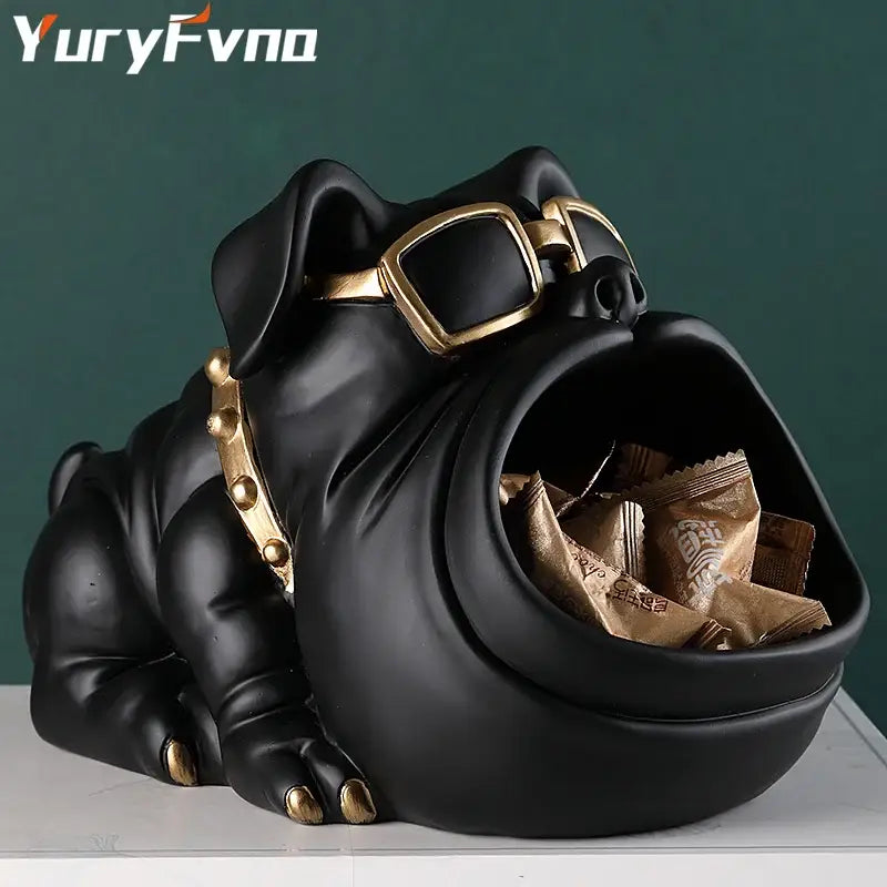 Black resin cool dog sculpture candy holder with gold-tone sunglasses and collar for living room decorbites decor