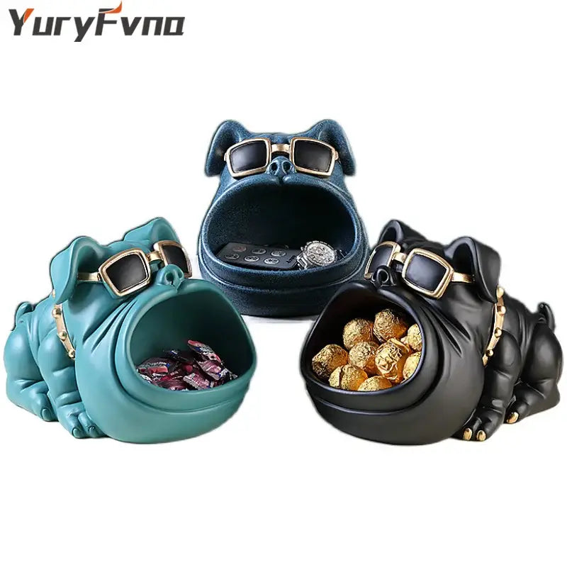Black cool dog sculpture candy holder and coin bank in teal navy and black with sunglasses for living room decorbites cool dog table