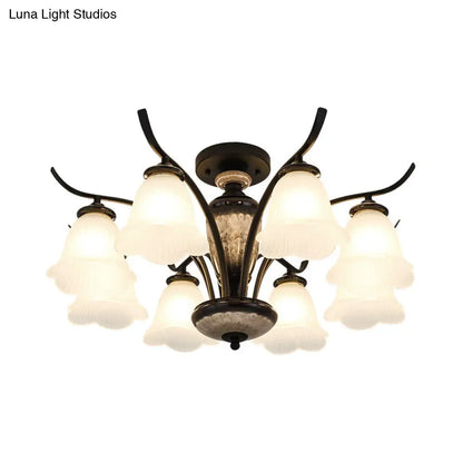 DecorBites™ DecorBites™ Black Country Flower Semi Flush Mount Ceiling Light with Opal Ribbed Glass - 3/6/8 Heads