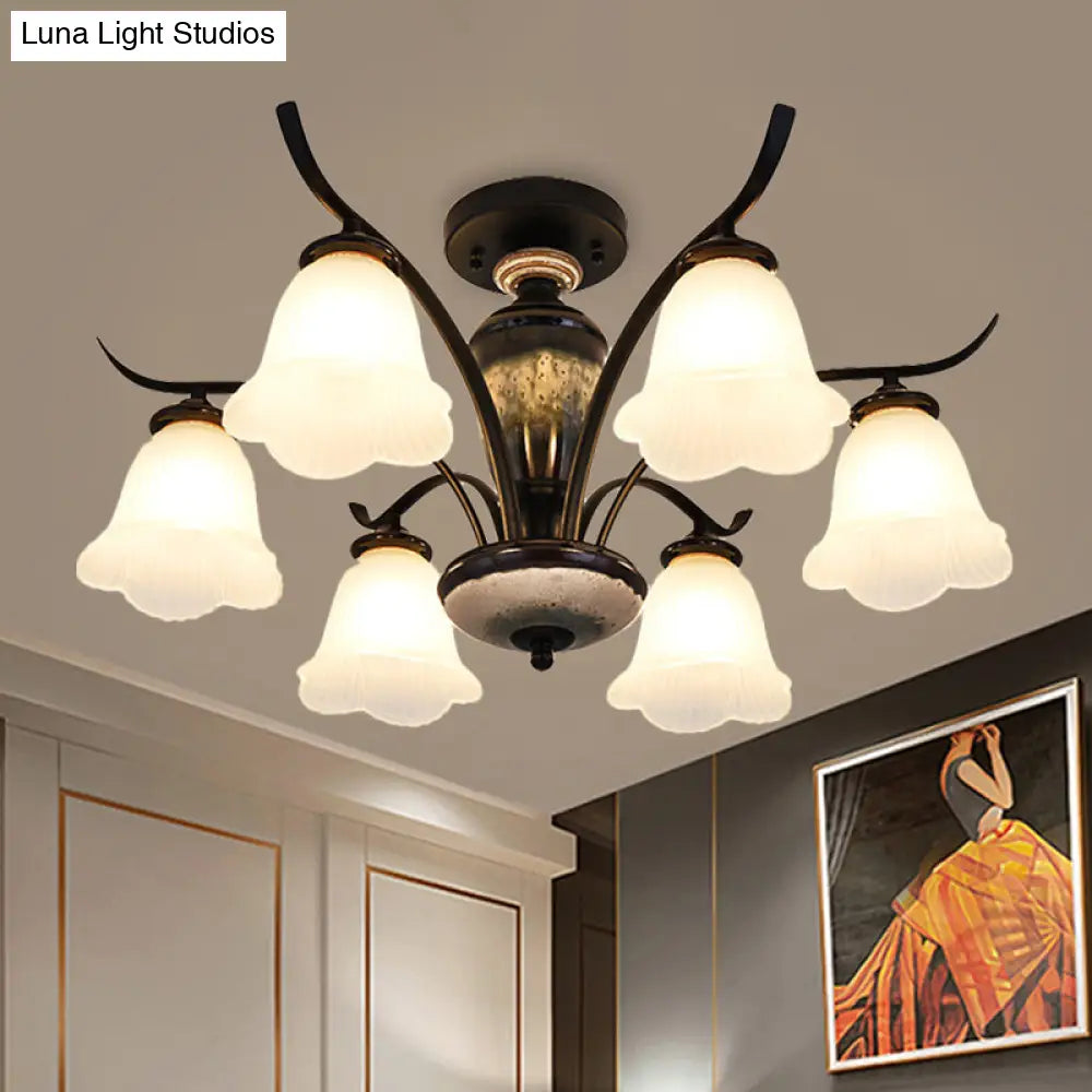 DecorBites™ DecorBites™ Black Country Flower Semi Flush Mount Ceiling Light with Opal Ribbed Glass - 3/6/8 Heads