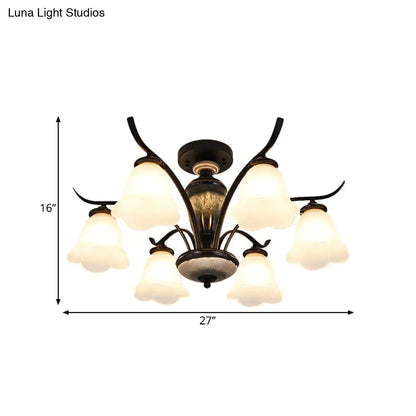 DecorBites™ DecorBites™ Black Country Flower Semi Flush Mount Ceiling Light with Opal Ribbed Glass - 3/6/8 Heads