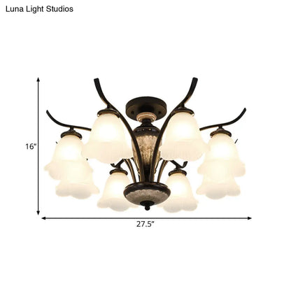 DecorBites™ DecorBites™ Black Country Flower Semi Flush Mount Ceiling Light with Opal Ribbed Glass - 3/6/8 Heads