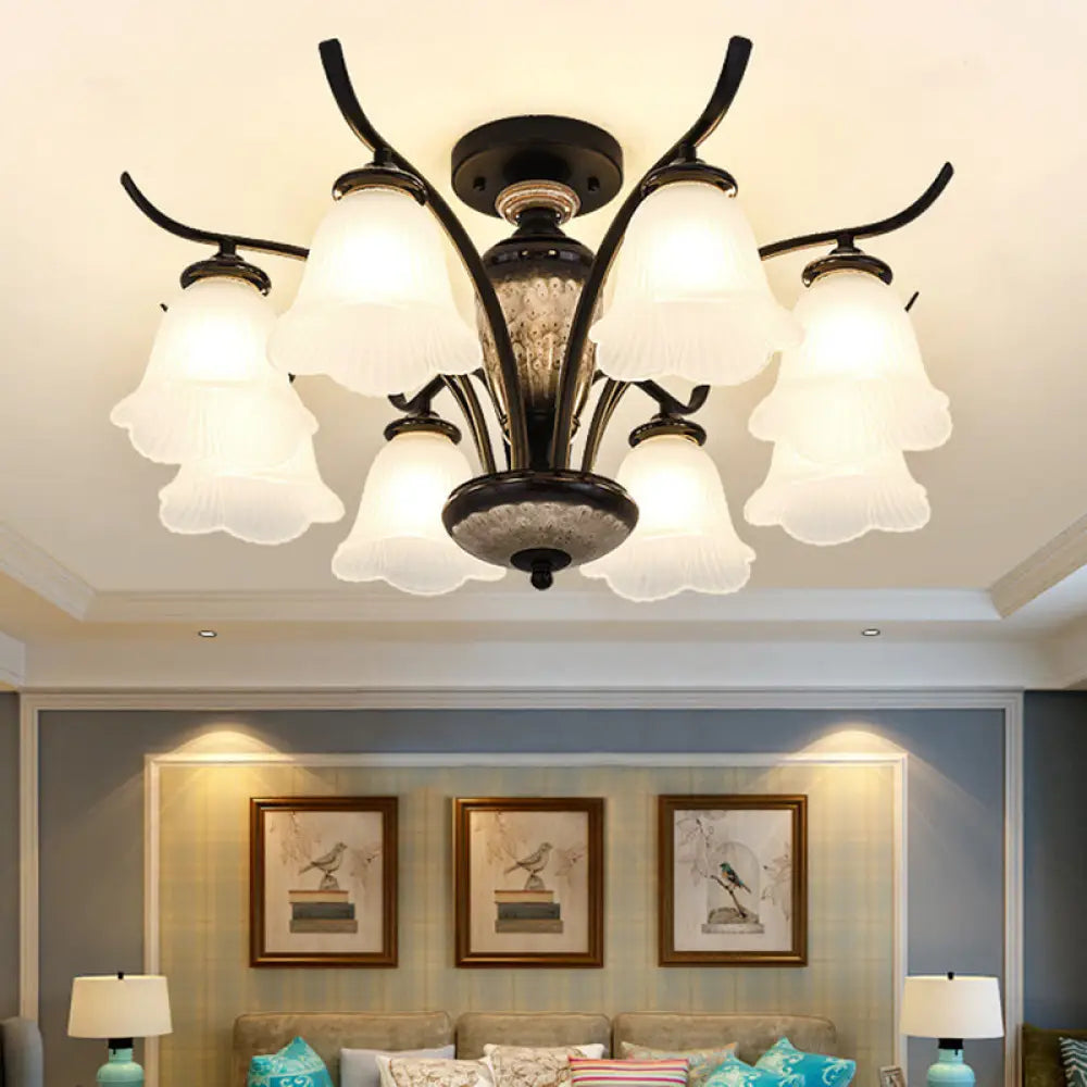 DecorBites™ DecorBites™ Black Country Flower Semi Flush Mount Ceiling Light with Opal Ribbed Glass - 3/6/8 Heads
