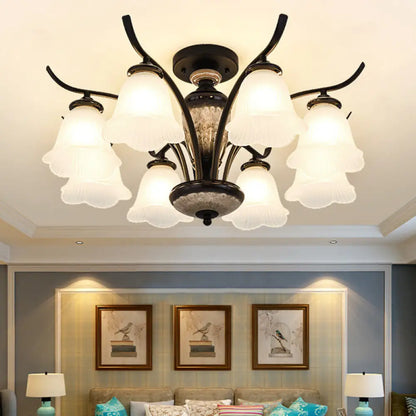 DecorBites™ DecorBites™ Black Country Flower Semi Flush Mount Ceiling Light with Opal Ribbed Glass - 3/6/8 Heads