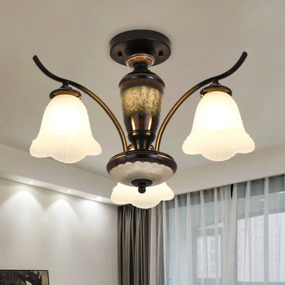DecorBites™ DecorBites™ Black Country Flower Semi Flush Mount Ceiling Light with Opal Ribbed Glass - 3/6/8 Heads