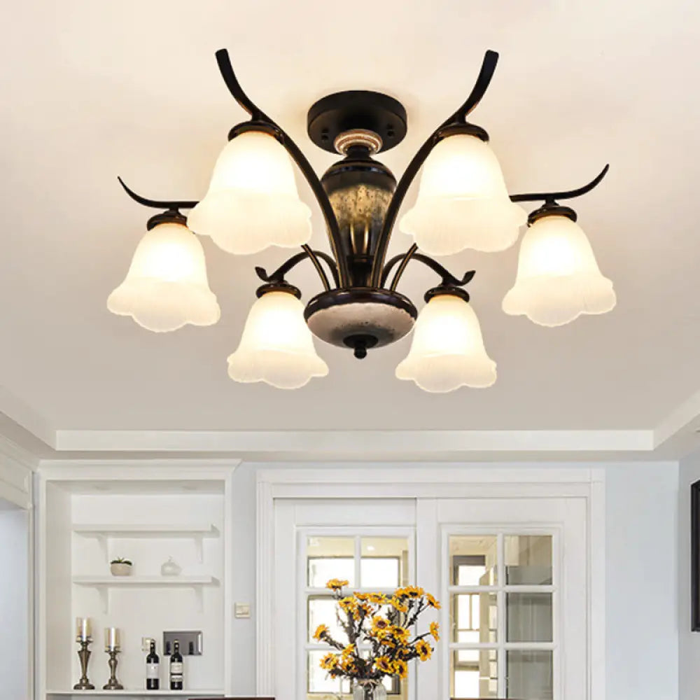 DecorBites™ DecorBites™ Black Country Flower Semi Flush Mount Ceiling Light with Opal Ribbed Glass - 3/6/8 Heads