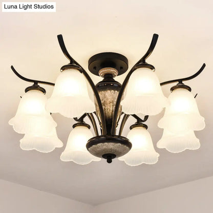 DecorBites™ DecorBites™ Black Country Flower Semi Flush Mount Ceiling Light with Opal Ribbed Glass - 3/6/8 Heads