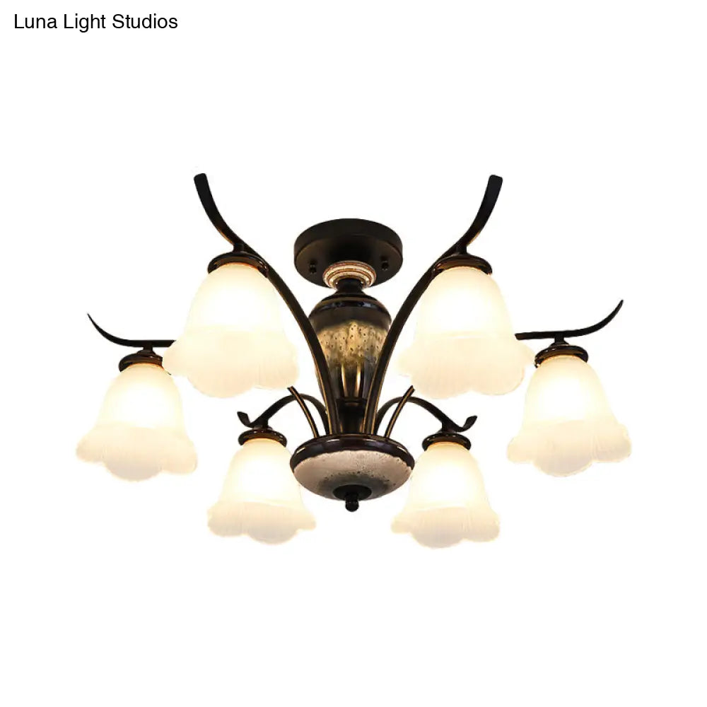 DecorBites™ DecorBites™ Black Country Flower Semi Flush Mount Ceiling Light with Opal Ribbed Glass - 3/6/8 Heads
