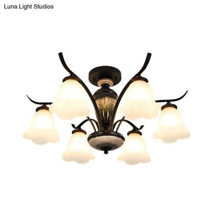 DecorBites™ DecorBites™ Black Country Flower Semi Flush Mount Ceiling Light with Opal Ribbed Glass - 3/6/8 Heads