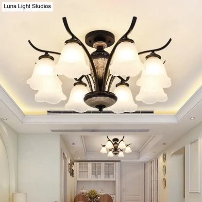 DecorBites™ DecorBites™ Black Country Flower Semi Flush Mount Ceiling Light with Opal Ribbed Glass - 3/6/8 Heads