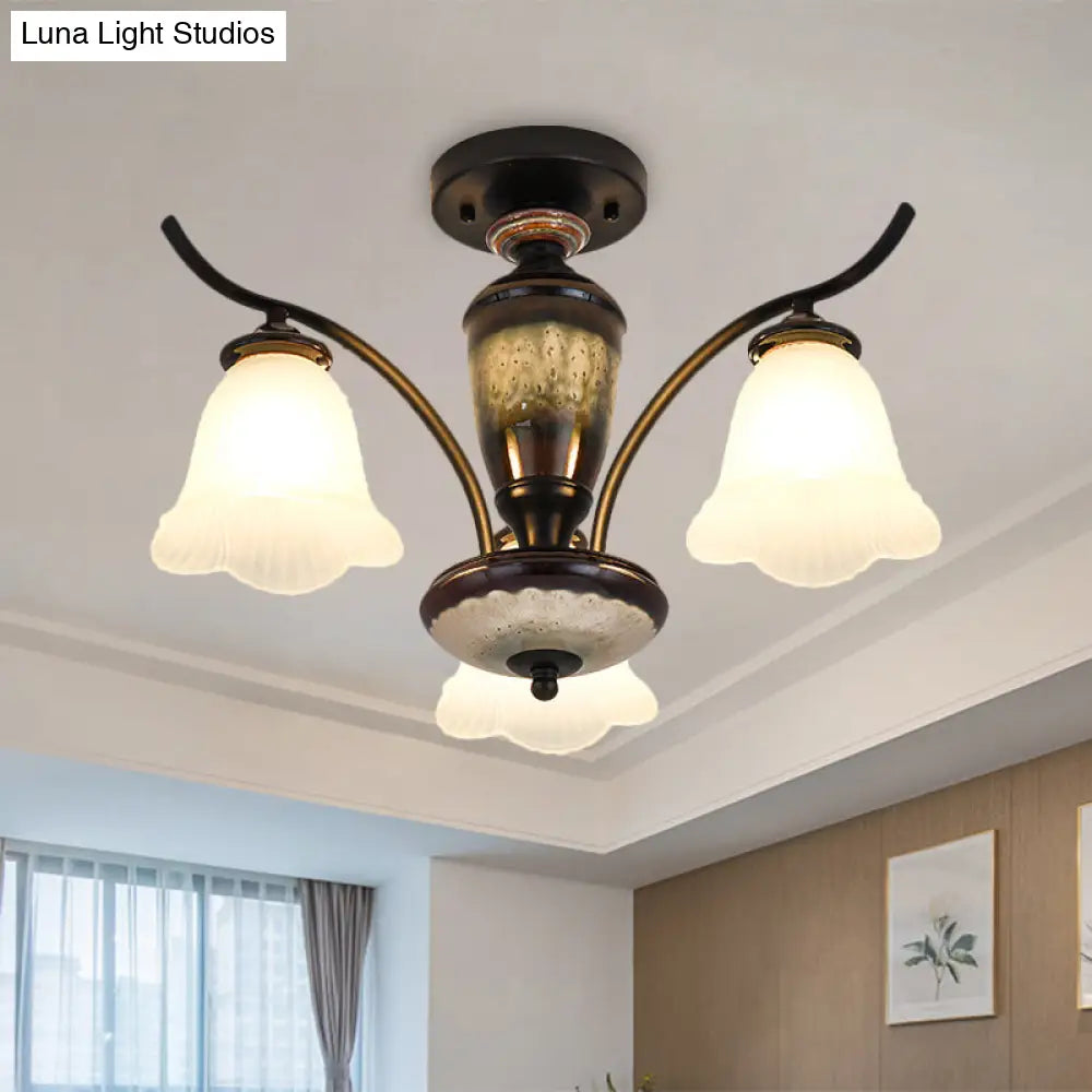 DecorBites™ DecorBites™ Black Country Flower Semi Flush Mount Ceiling Light with Opal Ribbed Glass - 3/6/8 Heads